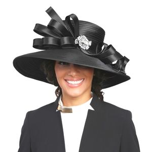 Stunning Black Fine Wide Brim Hat Elegant Rhinestone Brooch Church or Bu…
